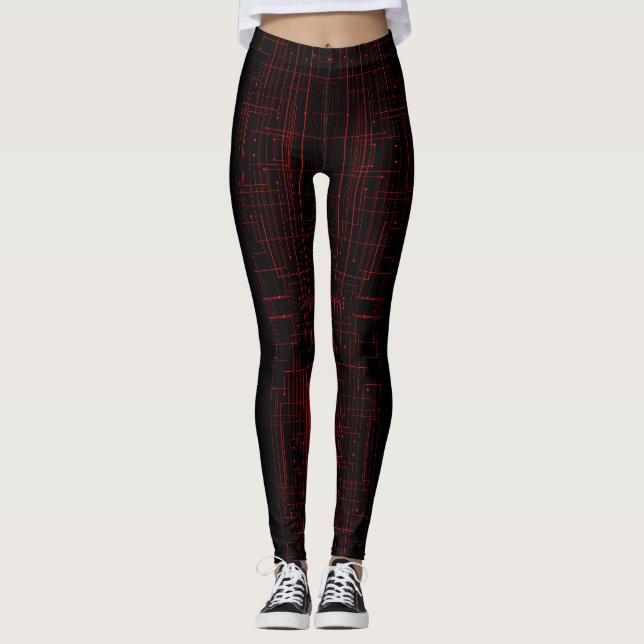 Leggings Abstract Cyber Pattern | Black & Crimson Circuit  (Devant)