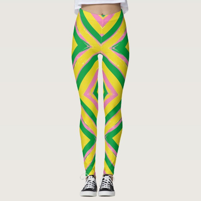 Leggings Abstract Geometric Pattern | Green, Yellow & Pink (Devant)
