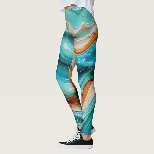 Leggings Abstract Swirling Teal and Orange Glossy Fluid  (Gauche)