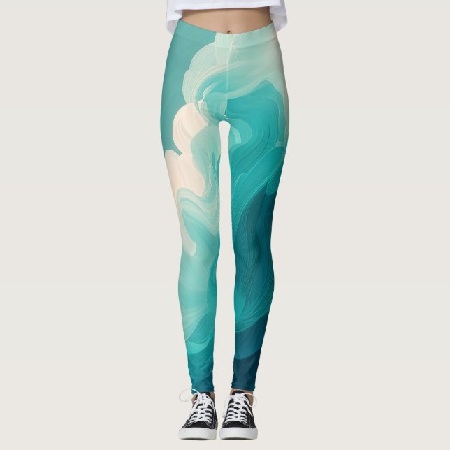 Leggings Abstract Teal and White Flowing Waves (Devant)