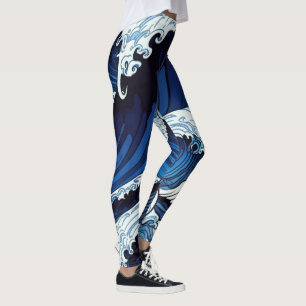 Leggings Abstrait Blue Ocean Waves Art de style japonais  
