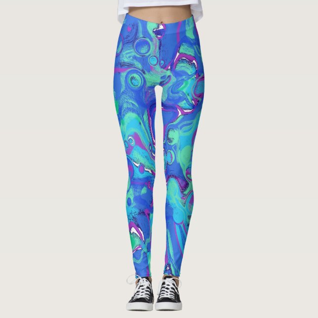 Leggings Abstrait Dans Le Blues, Les Verts Et Les Purples (Devant)