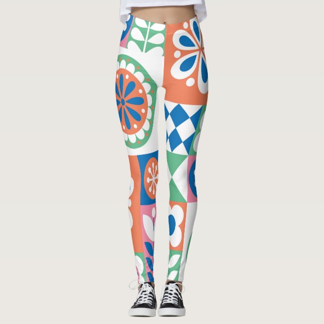 Leggings Abstrait Floral, Scandinave Folk Design. (Devant)