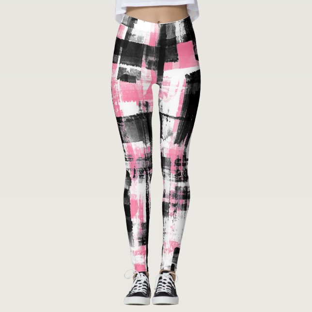 Leggings Abstrait Grunge Rose Blanc Et Noir (Devant)