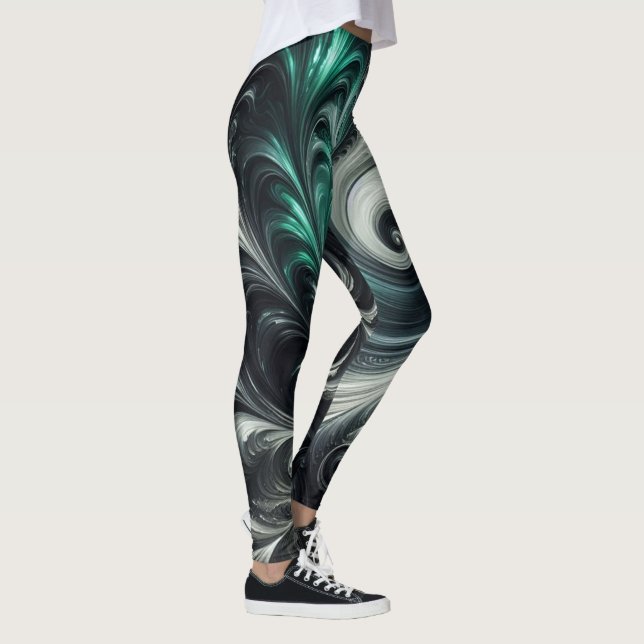 Leggings Abstrait Moderne Tourbillonnant Vert, Argent et No (Droite)