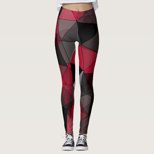 Leggings Abstrait Noir, rouge, gris géométrique. (Devant)
