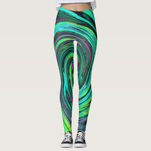 Leggings Abstrait Rétro Groovy Tourbillon Vert et Magenta (Devant)