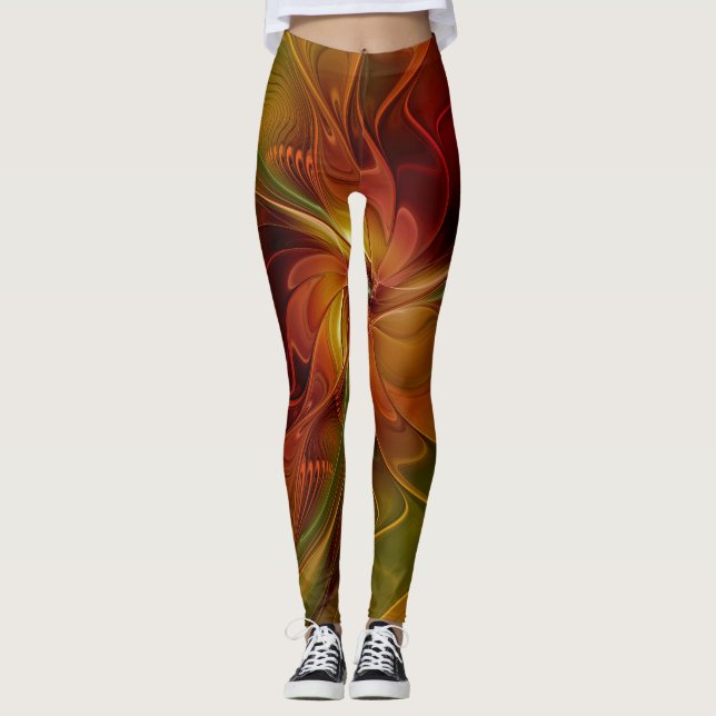 Leggings Abstrait Rouge Orange Brown Vert Fractal Art Flowe (Devant)