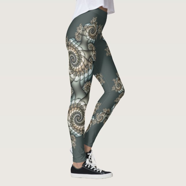 Leggings Abstrait Spirales d'Art Fractal Bleu Clair Beige (Droite)
