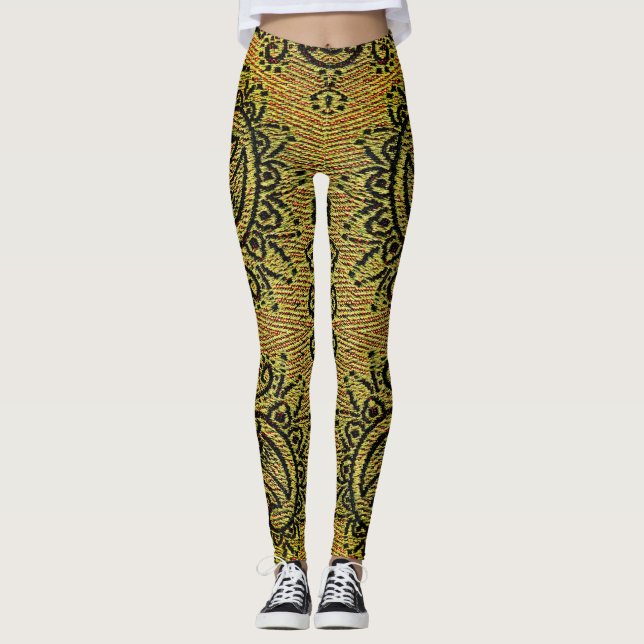 Leggings Abstrait vert, jaune motif Paisley (Devant)