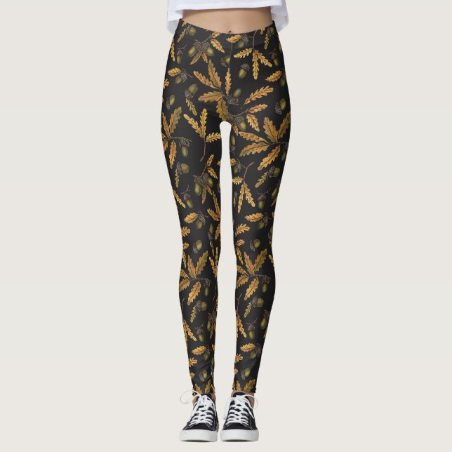 Leggings Acornes et feuilles de chêne sur noir (Devant)