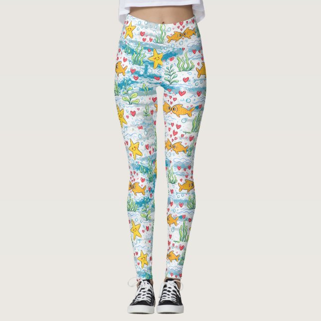Leggings Adorable Ocean Love Pattern | Cute Fish & Starfish (Devant)