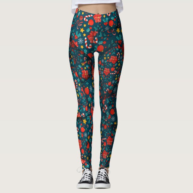 Leggings Adorables Poinsettias & Bonbons de Noël [3D] Yoga (Devant)