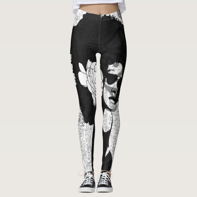 Leggings afro noir, gris et graffiti (Devant)