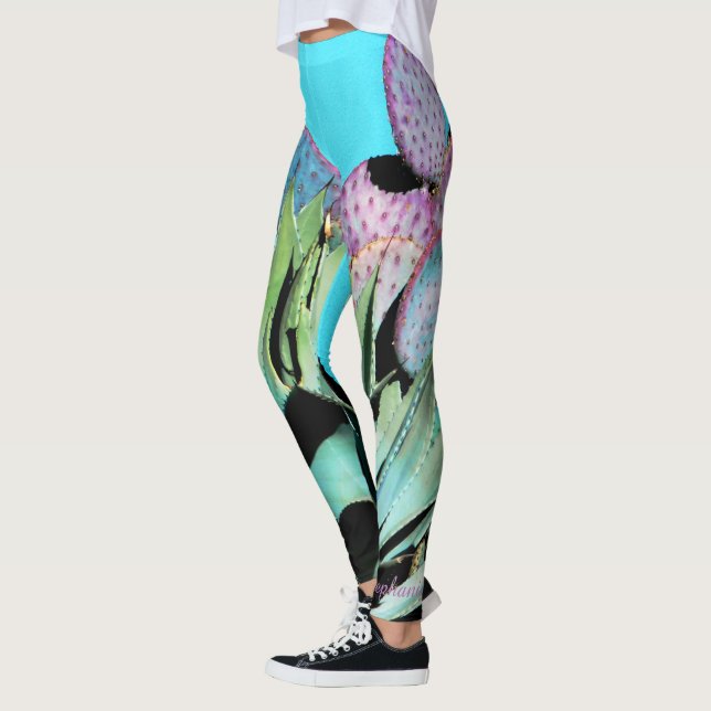 Leggings Agave, Cactus Violet, Turquoise, Nom Personnalisé (Gauche)