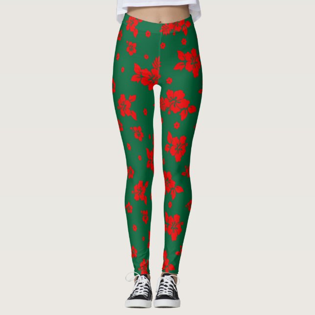 Leggings Aloha Hawaii Rouge sur le Motif de Noël vert (Devant)