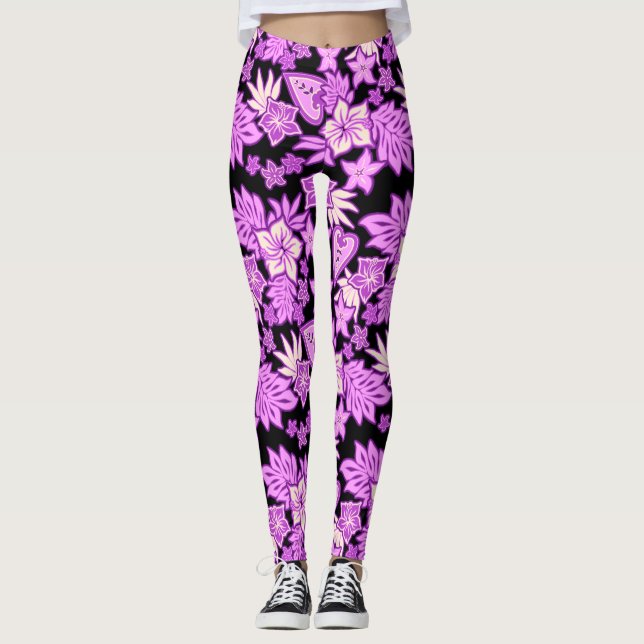 Leggings Aloha Heart Hawaiian Hibiscus Tropical Violet (Devant)