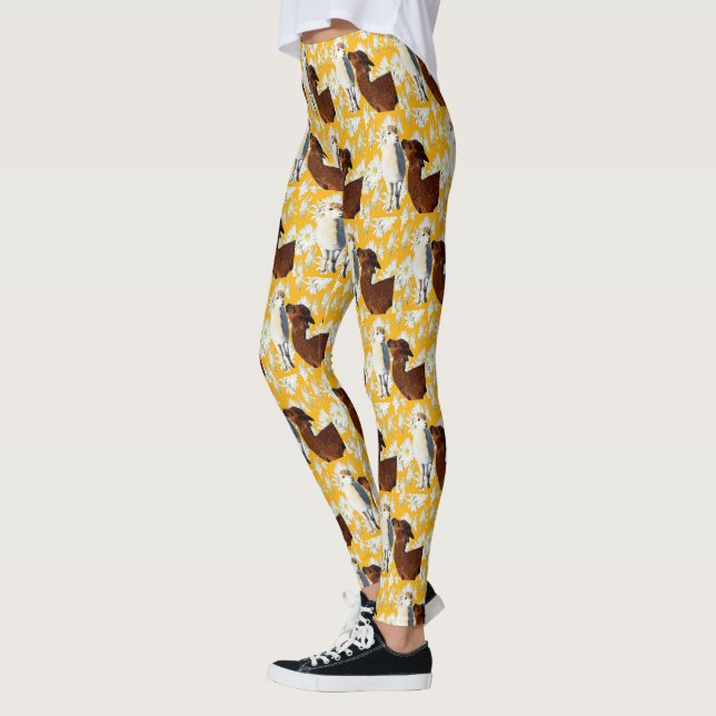 Leggings Alpacas Brown Et Blancs Avec Fleurs De Cactus, (Gauche)