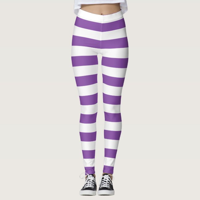 Leggings Améthyste et blanc couleur horizontale rayée (Devant)