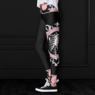 Leggings Amour gothique   Squelette rose et noir Coeur flor
