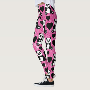 Leggings Amoureux d'animaux Ours Panda Cœurs Noirs Paillett