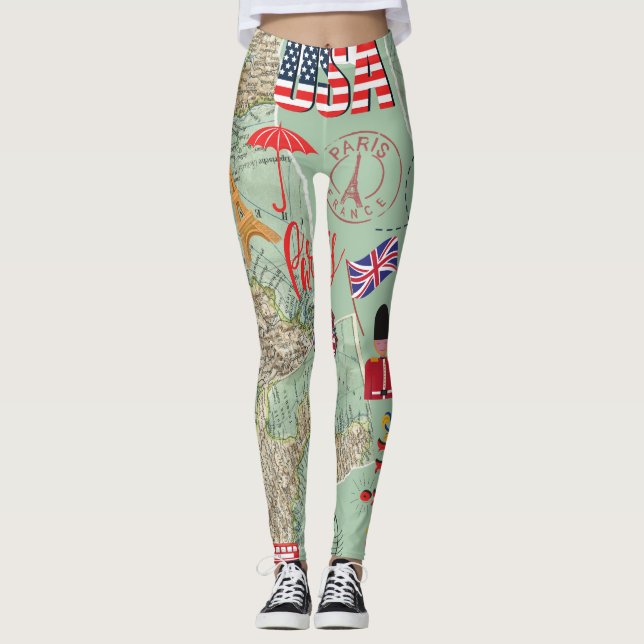 Leggings Amoureux du voyage design cartes du monde États-Un (Devant)
