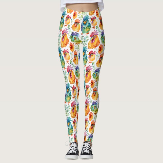 Leggings Amusant Whimsical Aquarelle Style Poulets (Devant)