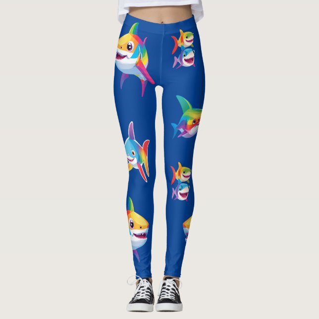 Leggings Amusante fête d'anniversaire de requin arc-en-ciel (Devant)