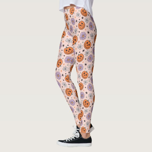 Leggings Amusants Citrouilles d'Halloween et Fleurs Motif (Gauche)
