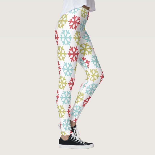 Leggings Amusants Red Lime Green Aqua Blue Snowflakes Motif (Droite)