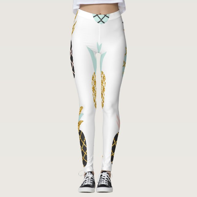 Leggings Ananas avec parties scintillant or, motif créatif. (Devant)
