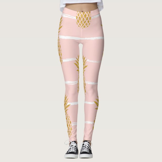 Leggings Ananas en or, Arrière - plan d'été rayé. (Devant)