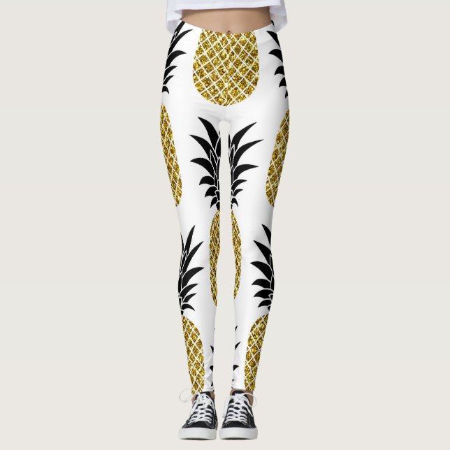 Leggings Ananas En Or : Blanc Dessiné À La Main Sans Coutur (Devant)