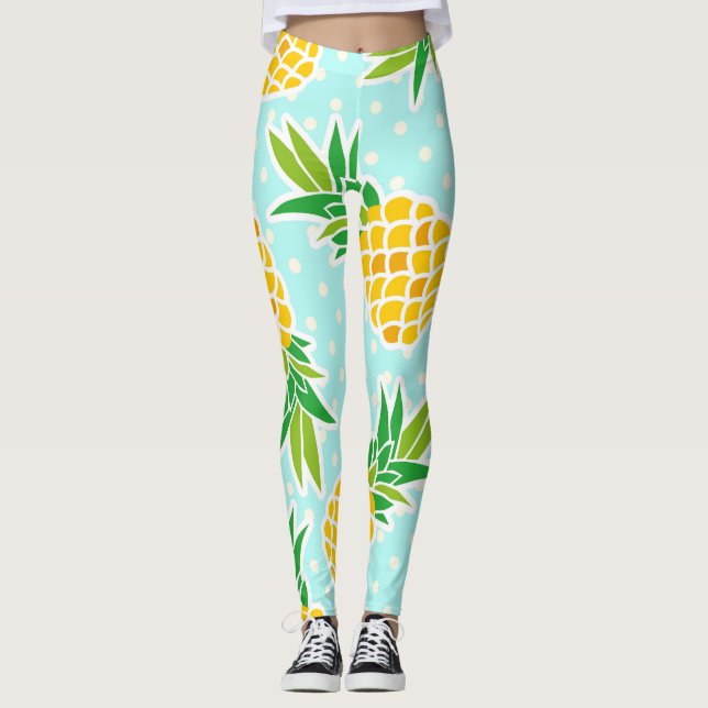 Leggings Ananas Exotiques : Polka Bleu-Dot Amusant. (Devant)