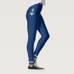 Leggings Ancre nautique Marine Bleu Blancs<br><div class="desc">Les leggings pour femmes avec une ancre nautique conçue sur mesure avec des rayures de cheville blanche sur bleu marine classique ou customiser facilement à votre couleur préférée.</div>