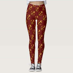 Leggings Ancre or faux brillant motif d'été rouge foncé
