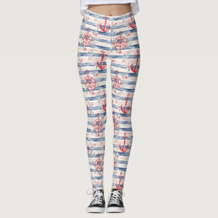 Leggings Ancres Fleurs Rayures Bleu Rouge Plage