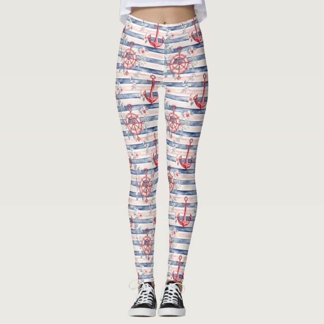 Leggings Ancres Fleurs Rayures Bleu Rouge Plage  (Devant)