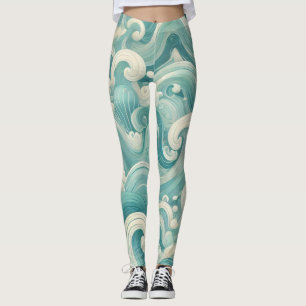 Leggings Aqua Blue & White Wave Abstraite - Art moderne Flu
