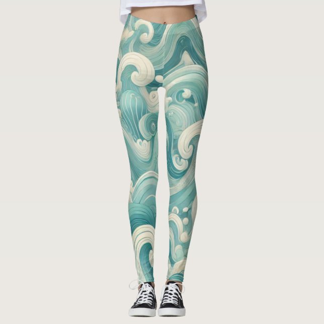 Leggings Aqua Blue & White Wave Abstraite - Art moderne Flu (Devant)