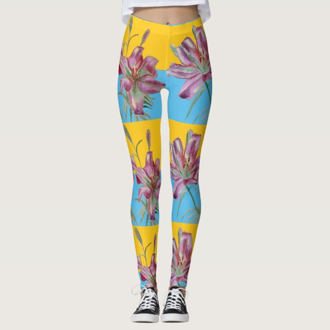 Leggings Aquarelle à fleurs rose Lillies (Devant)