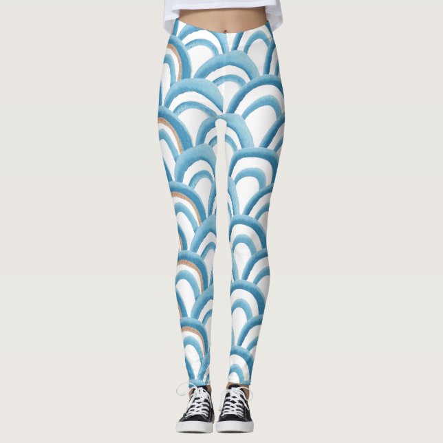 Leggings Aquarelle à vague bleue, peinture transparente. (Devant)