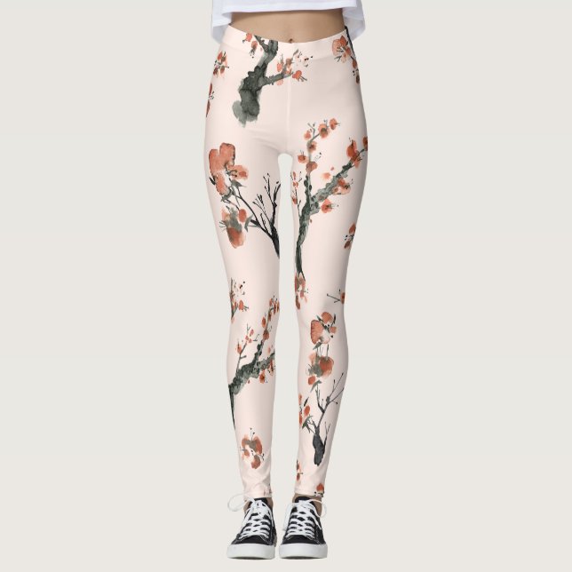 Leggings Aquarelle asiatique Floral Cherry Tree Motif (Devant)