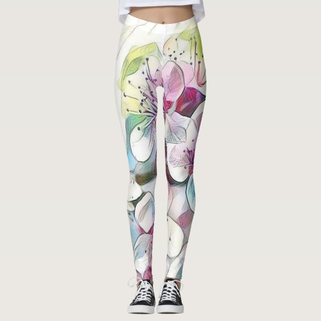 Leggings Aquarelle blanche moderne couleur rose cerisier (Devant)