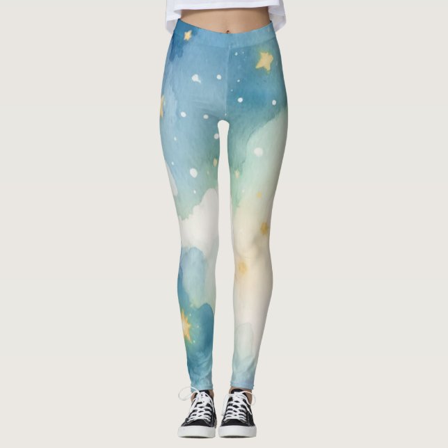 Leggings Aquarelle bleu étoile ciel (Devant)