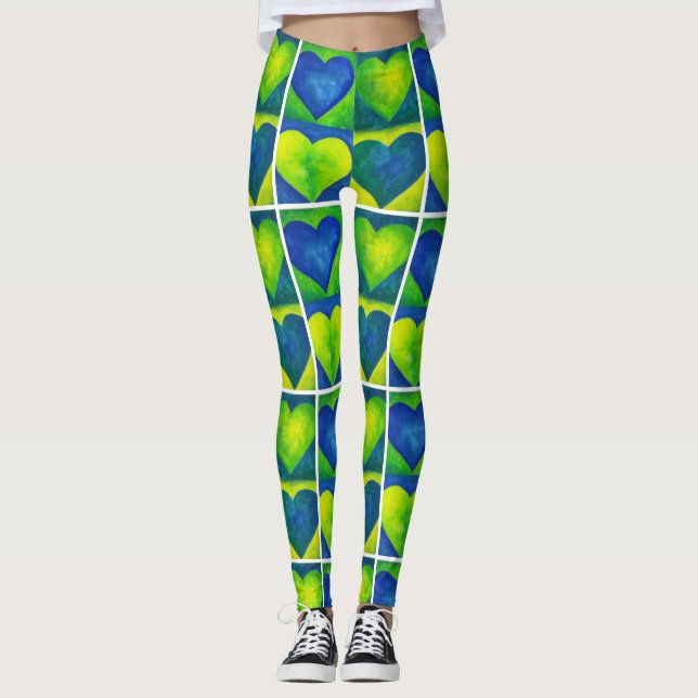 Leggings Aquarelle bleu vert Coeurs Art Amour Coeur Imprime (Devant)