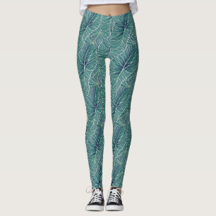 Leggings Aquarelle Bleu Vert Turquoise Tropical Feuille Mot