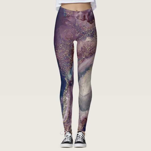 Leggings Aquarelle bleu violet Galaxie cosmique (Devant)