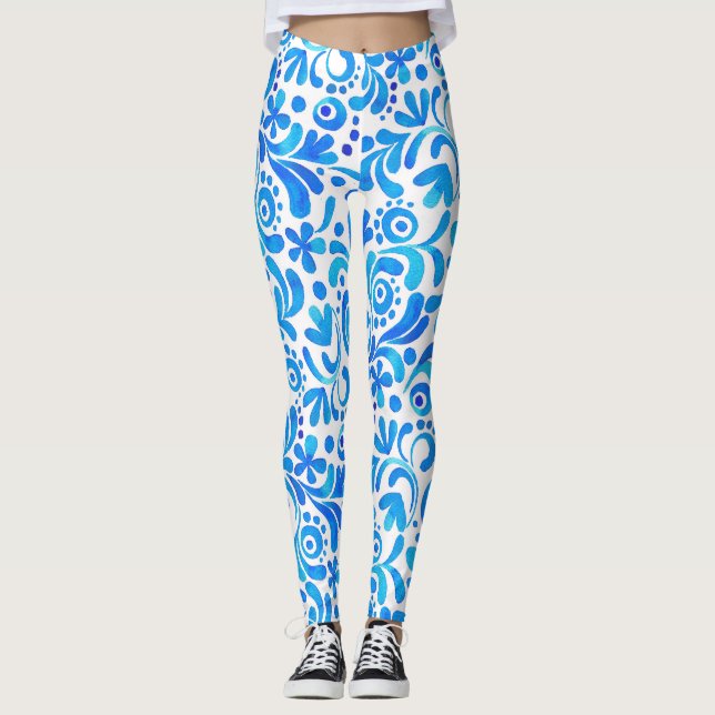 Leggings Aquarelle botanique Bleu et Blanc (Devant)
