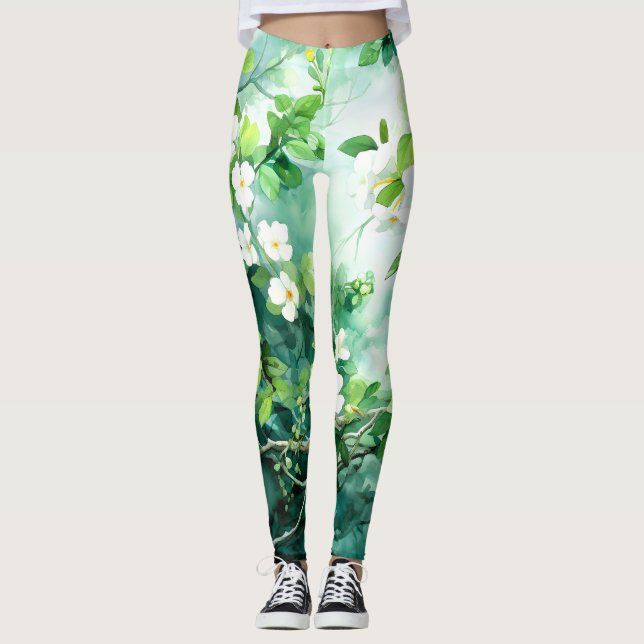 Leggings Aquarelle botanique Fleurs blanches Feuilles verte (Devant)